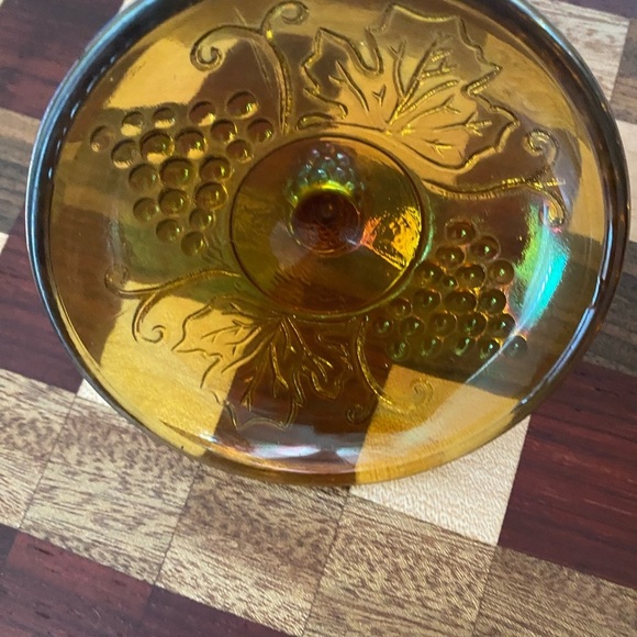 Vintage Indiana Carnival Autumn Harvest Amber Iridescent Glass Dish With Cover - Picture 8 of 10